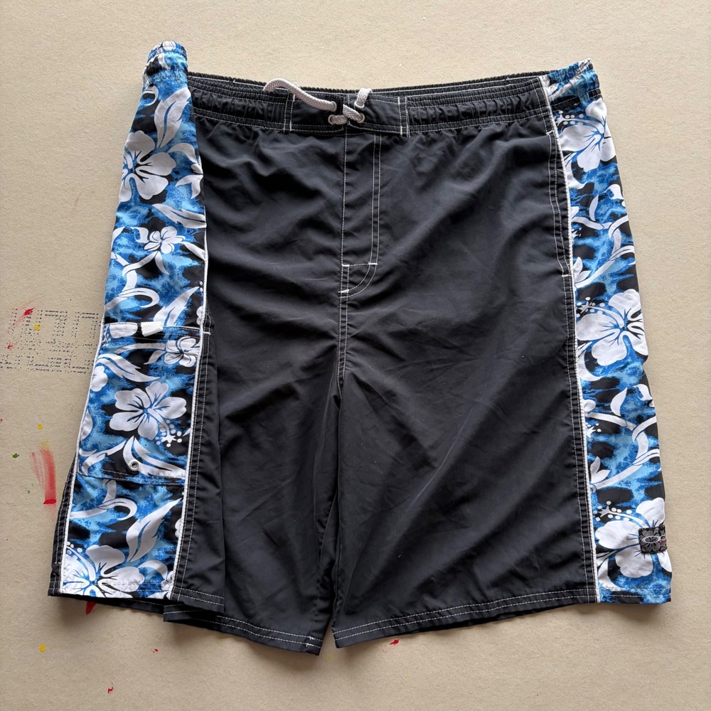 Y2K No Boundaries Board Shorts Black Blue Hibiscus Floral Print